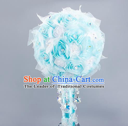 Top Grade Classical Wedding Bride Extravagant Blue Crystal Rose Flowers Holding Emulational Flowers Ball, Frozen Hand Tied Bouquet Flowers for Women