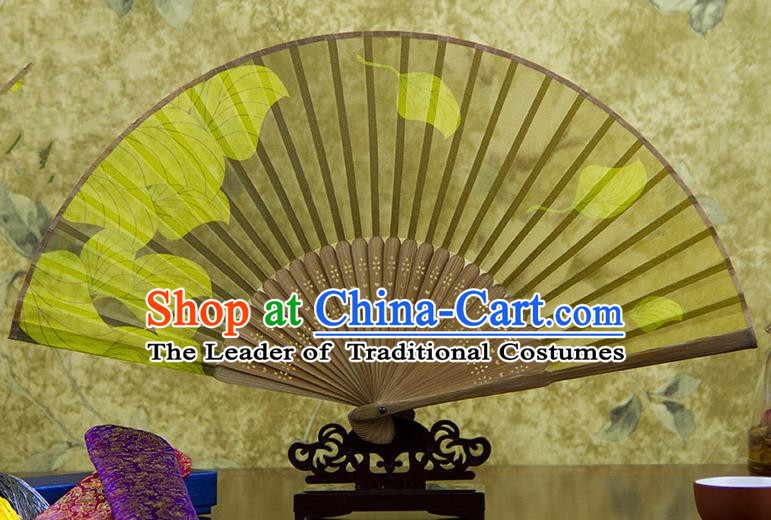 Traditional Chinese Handmade Crafts Folding Fan, China Printing Leaf Sensu Yellow Silk Fan Hanfu Fans for Women