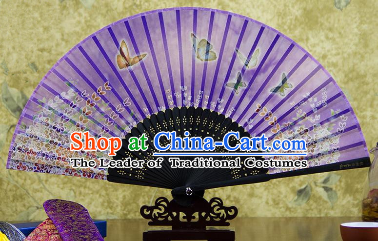 Traditional Chinese Handmade Crafts Folding Fan, China Printing Butterfly Flowers Sensu Purple Silk Fan Hanfu Fans for Women