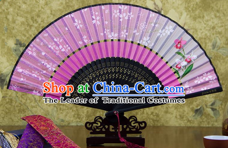 Traditional Chinese Handmade Crafts Two-segment Folding Fan, China Printing Flowers Sensu Pink Silk Fan Hanfu Fans for Women