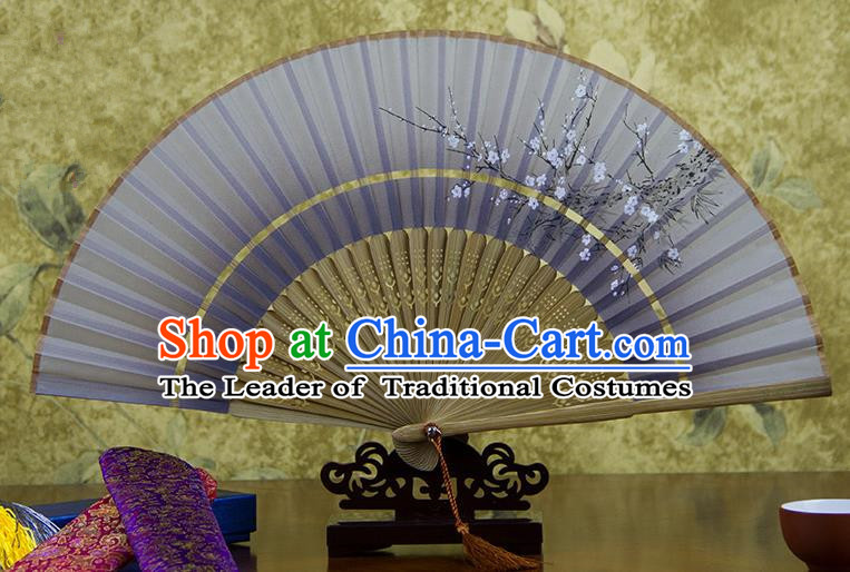Traditional Chinese Handmade Crafts Two-segment Folding Fan, China Printing Plum Blossom Sensu Light Purple Silk Fan Hanfu Fans for Women