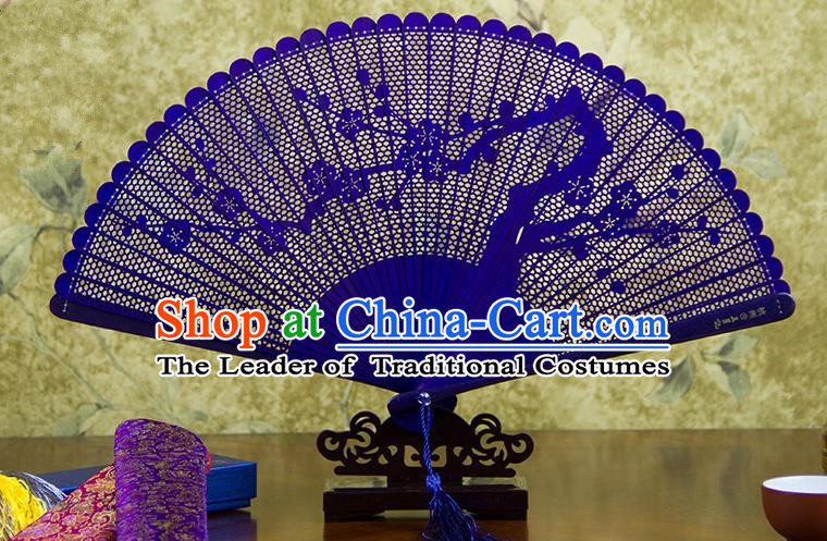 Traditional Chinese Handmade Crafts Bamboo Carving Folding Fan, China Classical Plum Blossom Sensu Hollow Out Wood Purple Fan Hanfu Fans for Women