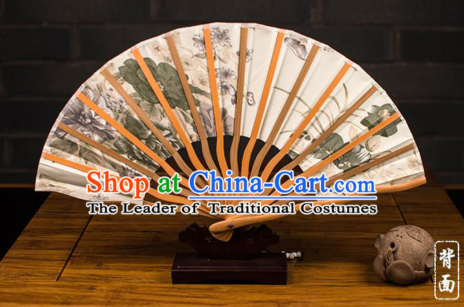 Traditional Chinese Handmade Crafts Folding Fan, China Printing Summer Lotus Sensu Silk Fan Hanfu Fans for Women