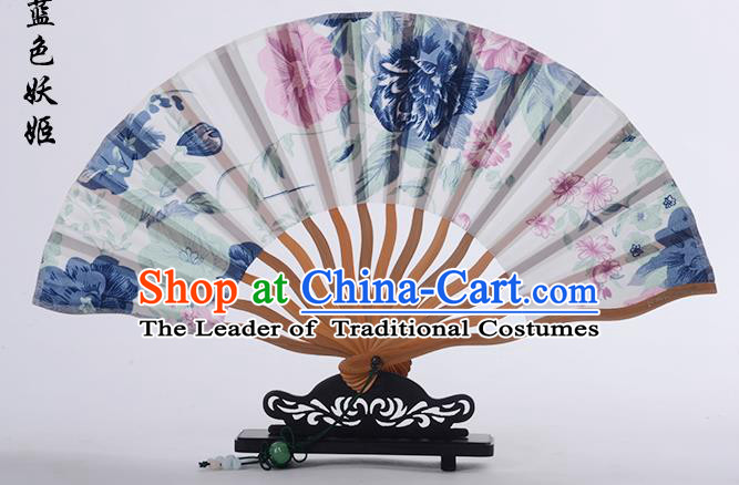 Traditional Chinese Handmade Crafts Folding Fan, China Printing Blue Flower Sensu White Silk Fan Hanfu Fans for Women