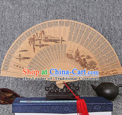 Traditional Chinese Handmade Crafts Sandalwood Folding Fan, China Classical Three Pools Mirroring the Moon Sensu Hollow Out Wood Fan Hanfu Fans for Women