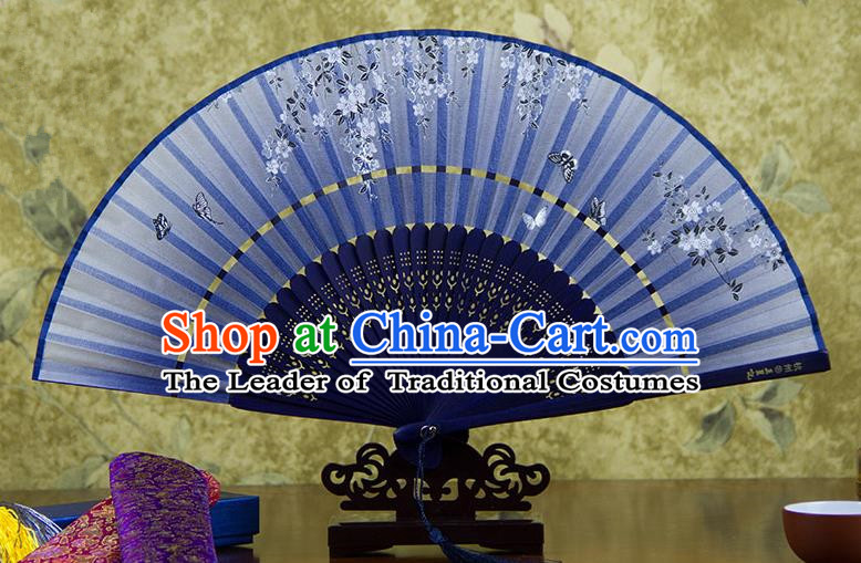 Traditional Chinese Handmade Crafts Two-segment Folding Fan, China Printing Butterfly Sensu Blue Silk Fan Hanfu Fans for Women