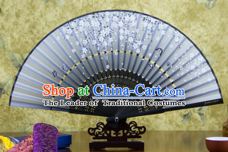 Traditional Chinese Handmade Crafts Two-segment Folding Fan, China Printing Butterfly Sensu Grey Silk Fan Hanfu Fans for Women