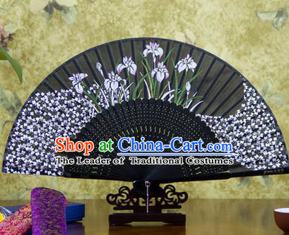 Traditional Chinese Handmade Crafts Bamboo Rib Folding Fan, China Classical Printing Orchid Sensu Black Silk Fan Hanfu Fans for Women