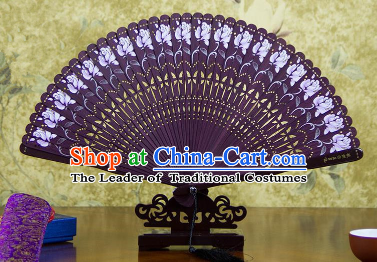 Traditional Chinese Handmade Crafts Bamboo Carving Folding Fan, China Classical Printing Rosa Chinensis Sensu Hollow Out Wood Purple Fan Hanfu Fans for Women
