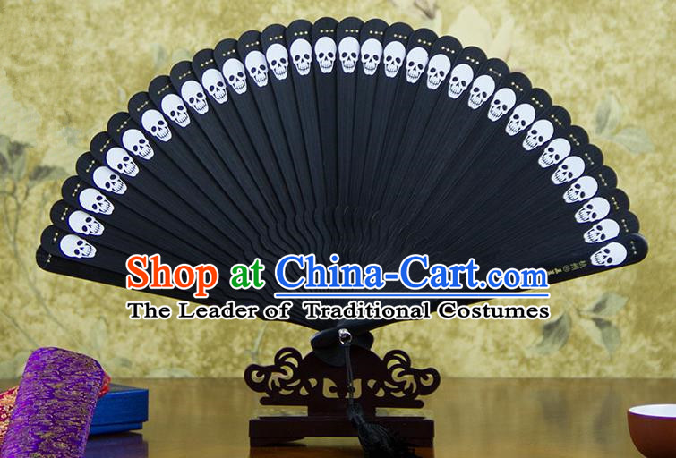 Traditional Chinese Handmade Crafts Bamboo Carving Folding Fan, China Classical Printing Skull Sensu Hollow Out Wood Black Fan Hanfu Fans for Women