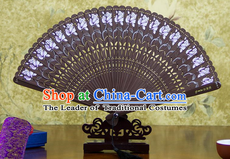 Traditional Chinese Handmade Crafts Bamboo Carving Folding Fan, China Classical Printing Flowers Sensu Hollow Out Wood Coffee Fan Hanfu Fans for Women