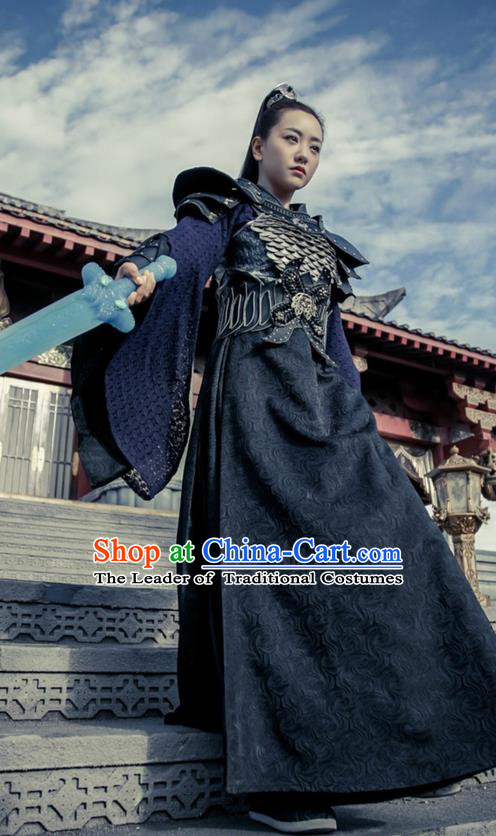 Traditional Ancient Chinese Han Dynasty Female General Clothing, Chinese Ancient Swordswoman Hanfu Costume and Headpiece Complete Set