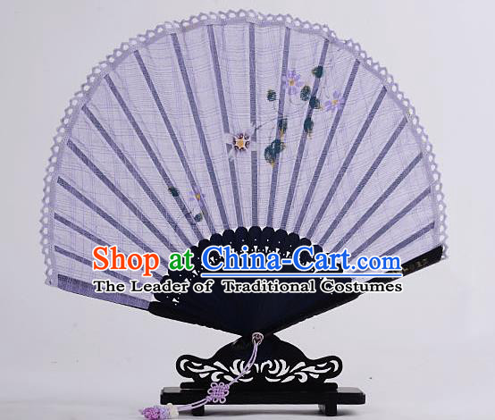 Traditional Chinese Handmade Crafts Hand Painting Flower Folding Fan, China Classical Linen Sensu Sunflower-type Lilac Fan Hanfu Fans for Women