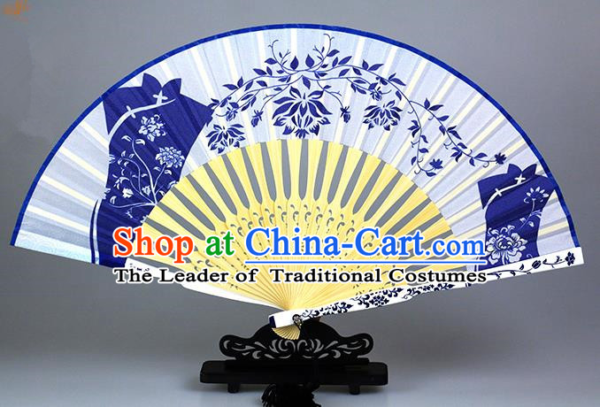 Traditional Chinese Handmade Crafts Blue and White Porcelain Folding Fan, China Classical Cheongsam Sensu Silk Fan Hanfu Fans for Women