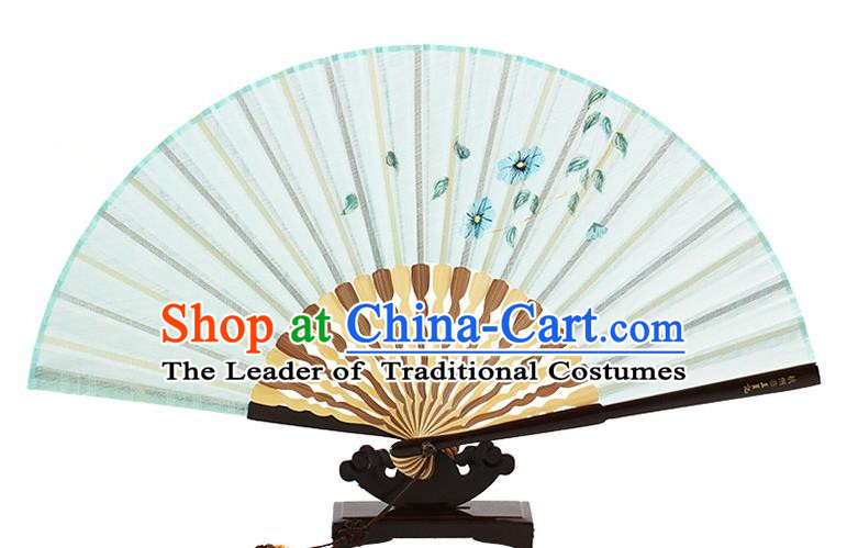 Traditional Chinese Handmade Crafts Printing Flower Folding Fan, China Classical Linen Sensu Light Blue Fan Hanfu Fans for Women