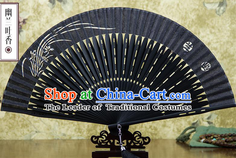 Traditional Chinese Handmade Crafts Silk Folding Fan, China Classical Sensu Printing Orchid Fan Hanfu Fans for Men