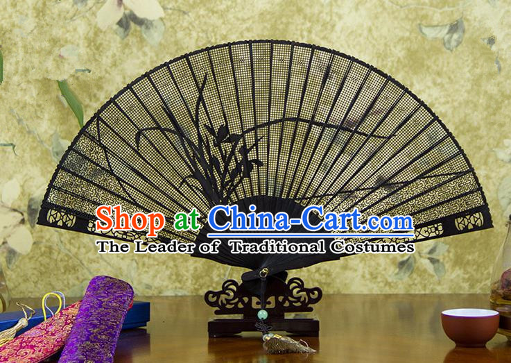 Traditional Chinese Handmade Crafts Ebomy Folding Fan, China Classical Sensu Hollow Out Orchid Fan Hanfu Fans for Women
