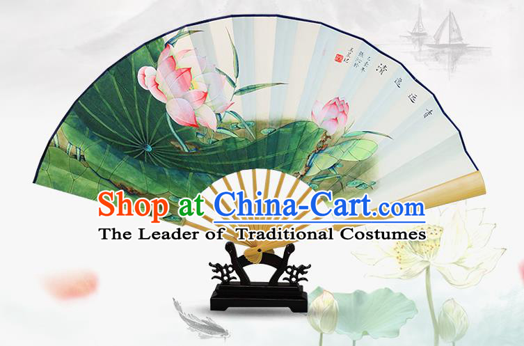 Traditional Chinese Handmade Crafts Water Jade Bone Folding Fan, China Classical Art Paper Hand Painting Lotus Sensu Xuan Paper Fan Hanfu Fans for Men