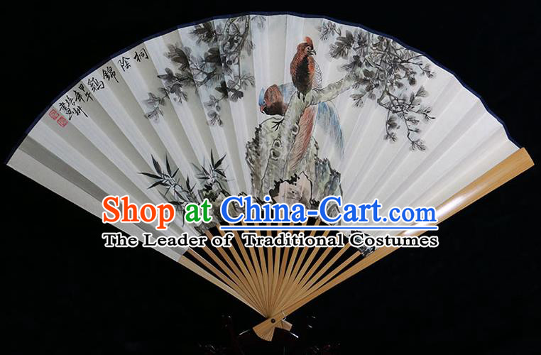 Traditional Chinese Handmade Crafts Water Jade Bone Folding Fan, China Classical Art Paper Hand Painting Golden Pheasant Sensu Xuan Paper Fan Hanfu Fans for Men