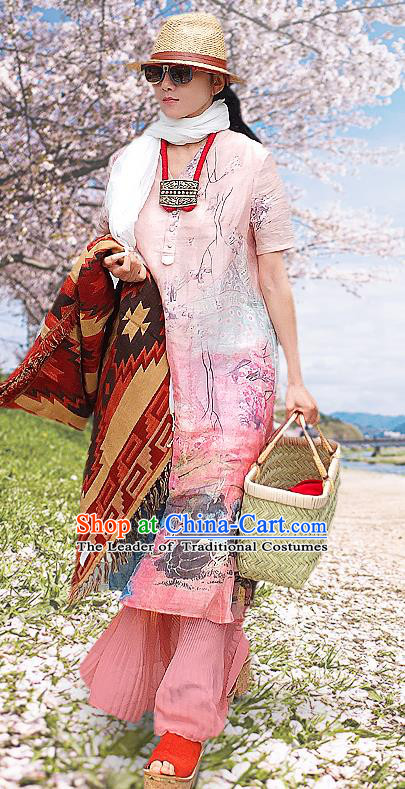 Traditional Chinese Costume Elegant Hanfu 3D Painting Flowers Pink Dress, China Tang Suit Cheongsam Upper Outer Garment Qipao Dress Clothing for Women