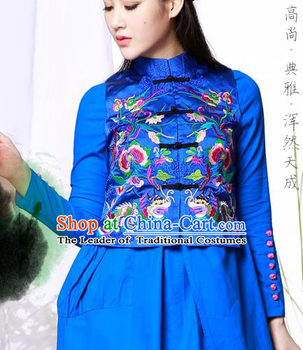 Traditional Ancient Chinese National Costume, Elegant Hanfu Shirt, China Tang Suit Embroidery Blouse Blue Vest Clothing for Women