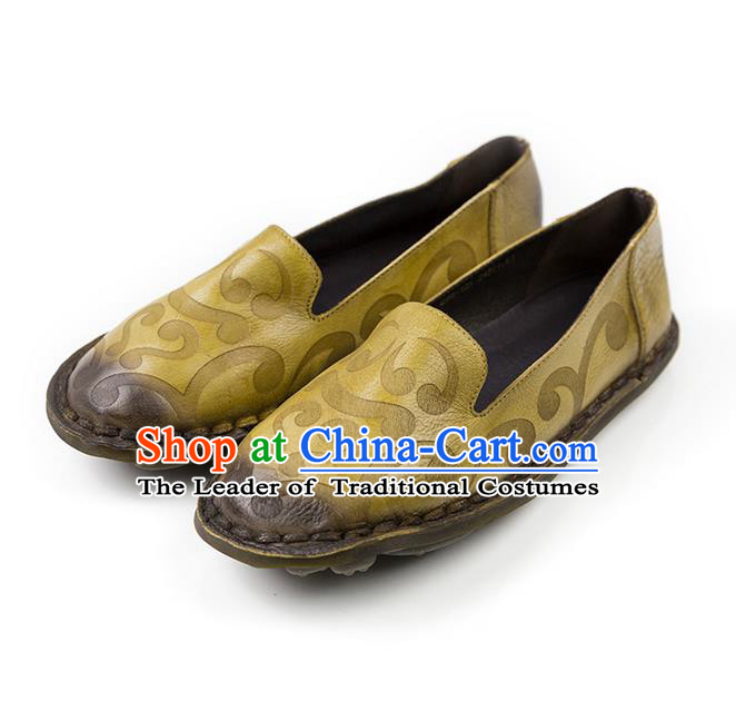 Traditional Chinese Shoes Embroidered Shoes Yellow Cow Leather Hanfu Shoes for Women