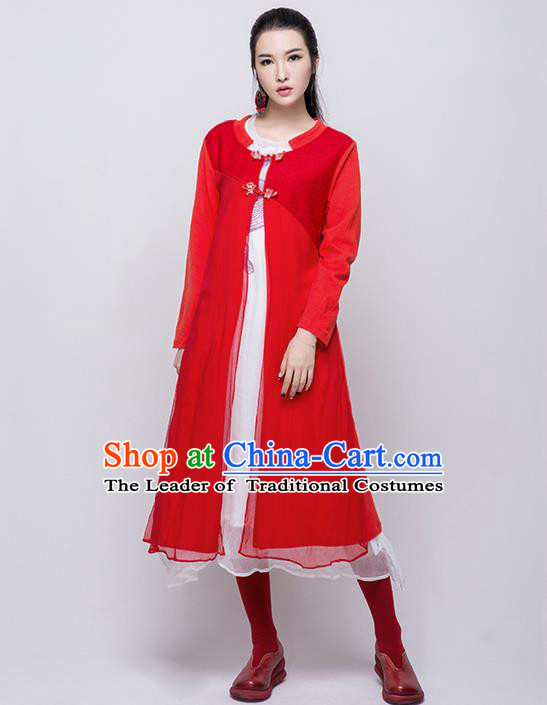 Traditional Chinese Costume Elegant Hanfu Long Coat, China Tang Suit Plated Buttons Red Dust Coat Cardigan Clothing for Women