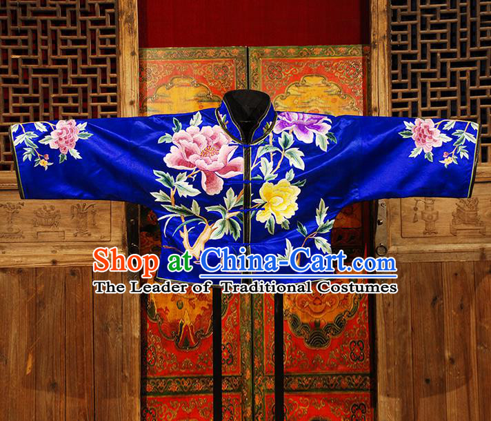 Traditional Chinese Costume Elegant Hanfu Embroidery Peony Coat Blouse, China Tang Suit Plated Buttons Blue Jacket Clothing for Women