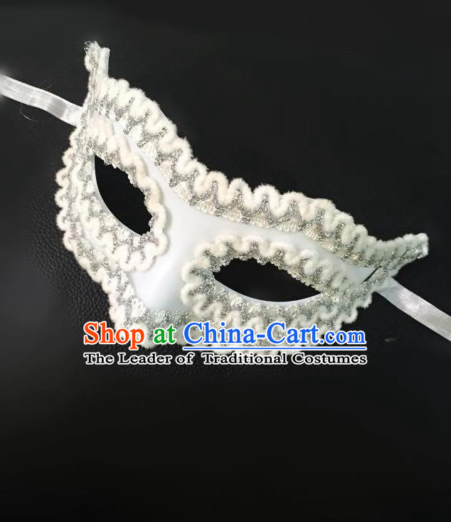 Top Grade Halloween Masquerade Ceremonial Occasions Handmade Model Show White Mask Headwear, Brazilian Carnival Lace Mask for Men