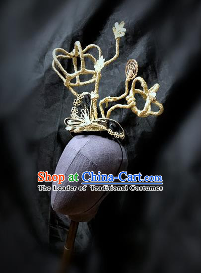 Top Grade Halloween Masquerade Ceremonial Occasions Handmade Model Show Baroque Headwear Hair Crown, Brazilian Carnival Golden Headdress for Women