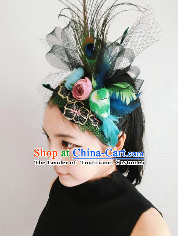 Top Grade Halloween Masquerade Ceremonial Occasions Handmade Model Show Baroque Black Veil Feather Hair Accessories Flowers Headdress for Women