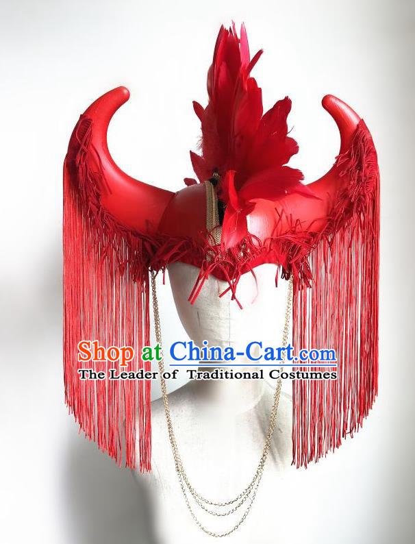 Top Grade Halloween Masquerade Ceremonial Occasions Handmade Model Show Red Feather Ox Horn Hair Accessories Headdress Tassel Pirate Hat for Women