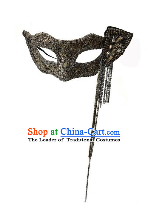 Top Grade Chinese Theatrical Luxury Headdress Ornamental Tassel Mask, Halloween Fancy Ball Ceremonial Occasions Handmade Crystal Face Mask for Men