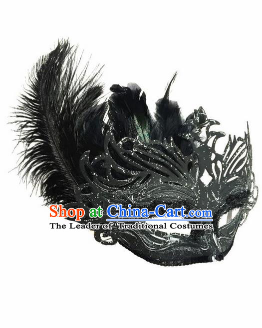 Top Grade Chinese Theatrical Luxury Headdress Ornamental Black Feather Mask, Halloween Fancy Ball Ceremonial Occasions Handmade Face Mask for Women
