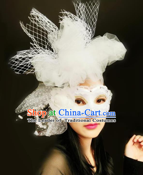 Top Grade Chinese Theatrical Luxury Headdress Ornamental White Lace Mask, Halloween Fancy Ball Ceremonial Occasions Handmade Veil Face Mask for Women