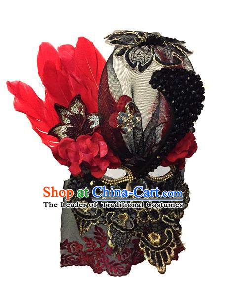 Top Grade Chinese Theatrical Luxury Headdress Ornamental Red Feather Mask, Halloween Fancy Ball Asian Headpieces Model Show Lace Face Mask for Women