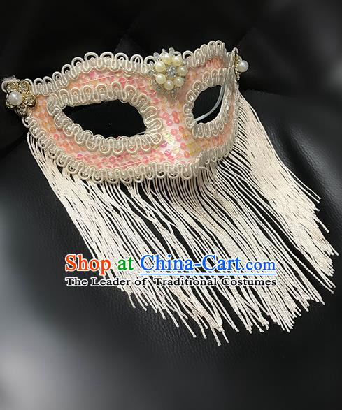 Top Grade Chinese Theatrical Luxury Headdress Ornamental Jazz Dance Mask, Halloween Fancy Ball Ceremonial Occasions Handmade Pink Tassel Face Mask for Men