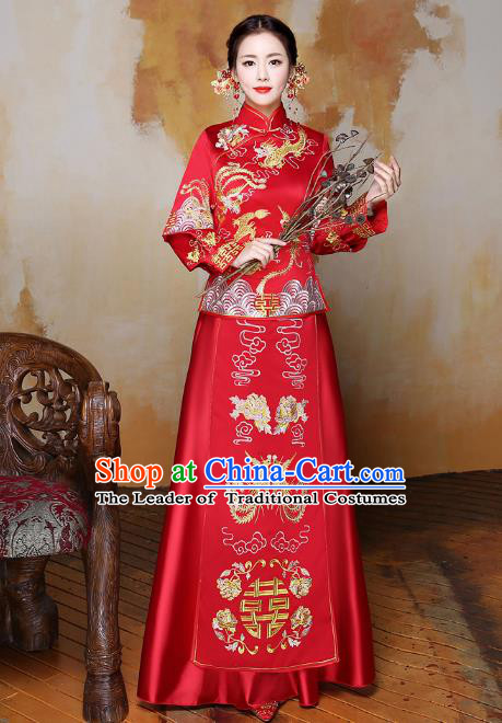 Traditional Ancient Chinese Wedding Costume Handmade XiuHe Suits Embroidery Phoenix Dress Bride Toast Red Cheongsam, Chinese Style Hanfu Wedding Clothing for Women