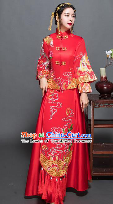 Traditional Ancient Chinese Wedding Costume Handmade XiuHe Suits Embroidery Peony Dress Bride Toast Red Plated Buttons Cheongsam, Chinese Style Hanfu Wedding Clothing for Women