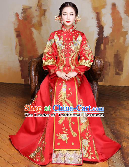 Traditional Ancient Chinese Wedding Costume Handmade XiuHe Suits Embroidery Phoenix Dress Longfeng Gown Bride Toast Red Plated Buttons Cheongsam, Chinese Style Hanfu Wedding Clothing for Women