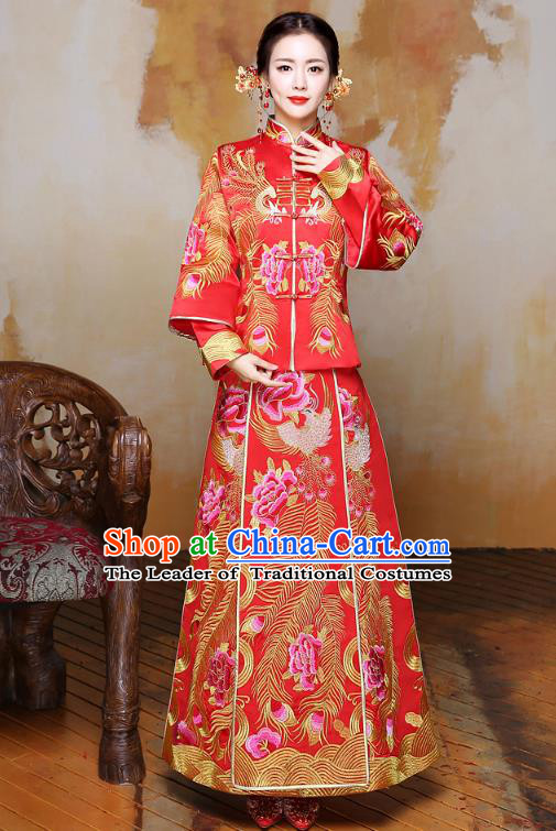 Traditional Ancient Chinese Wedding Costume Handmade XiuHe Suits Embroidery Phoenix Longfeng Gown Bride Toast Plated Buttons Cheongsam, Chinese Style Hanfu Wedding Clothing for Women