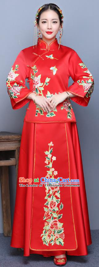 Traditional Ancient Chinese Wedding Costume Handmade XiuHe Suits Embroidery Peony Longfeng Gown Bride Toast Plated Buttons Cheongsam, Chinese Style Hanfu Wedding Clothing for Women