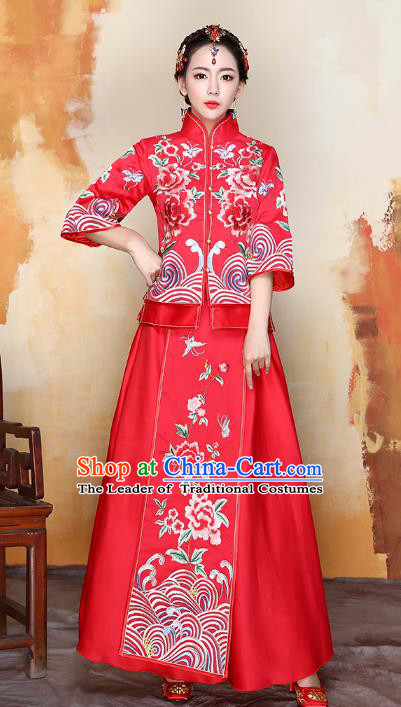 Traditional Ancient Chinese Wedding Costume Handmade XiuHe Suits Embroidery Peony Red Dress Bride Toast Cheongsam, Chinese Style Hanfu Wedding Clothing for Women