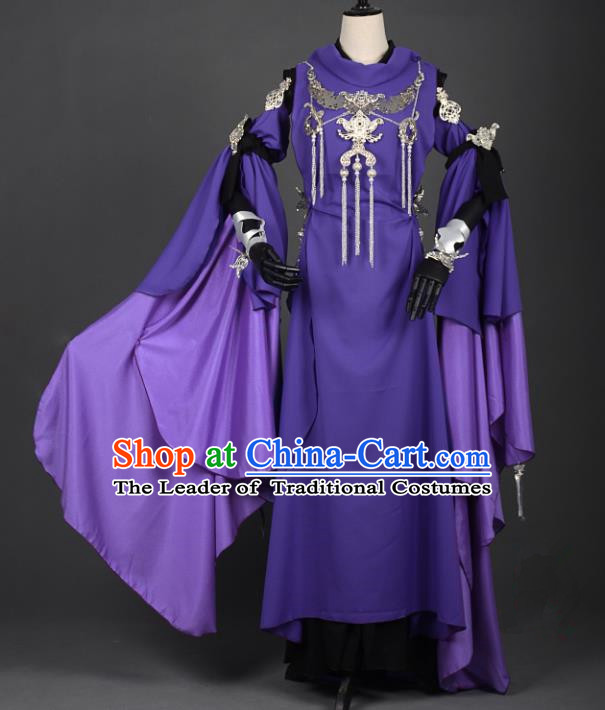 Chinese Ancient Cosplay Han Dynasty Chivalrous Woman Costumes, Chinese Traditional Purple Dress Clothing Chinese Cosplay Swordsman Costume for Women