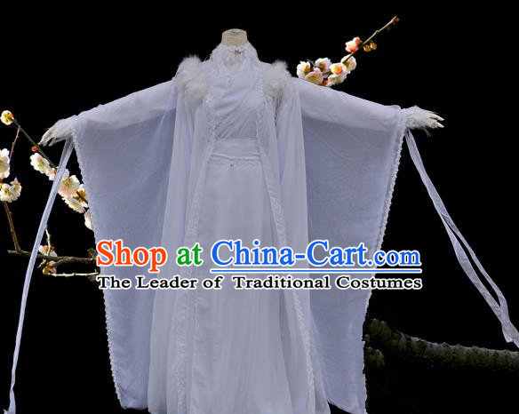 Chinese Ancient Cosplay Young Lady White Costumes, Chinese Traditional Dress Clothing Chinese Cosplay Princess Costume for Women