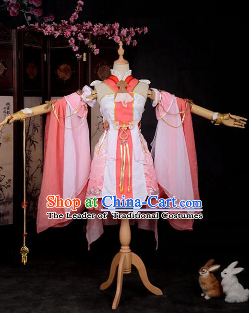 Chinese Ancient Cosplay Han Dynasty Young Lady Costumes, Chinese Traditional Pink Clothing Chinese Cosplay Swordsman Costume for Women