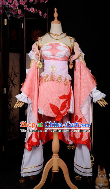 Chinese Ancient Cosplay Tang Dynasty Swordswoman Costumes, Chinese Traditional Pink Hanfu Dress Clothing Chinese Cosplay Imperial Princess Costume for Women
