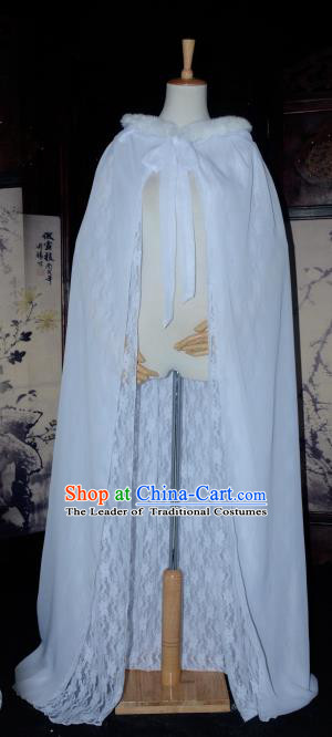 Chinese Ancient Cosplay Tang Dynasty Chivalrous Lady Fairy Cloak, Chinese Traditional White Hanfu Cape Clothing Chinese Cosplay Swordswoman Costume for Women