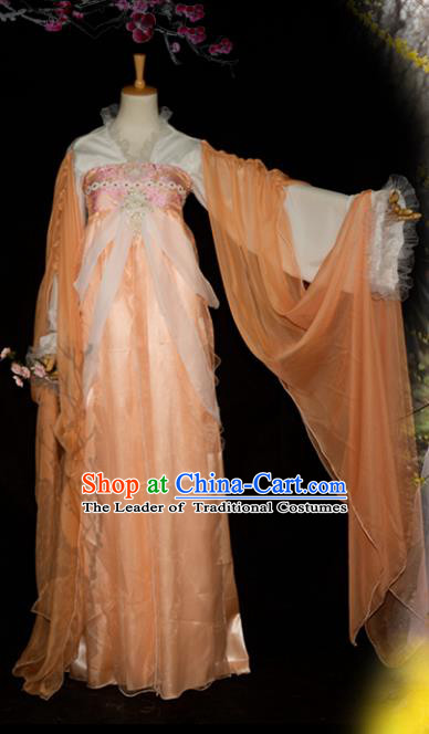 Chinese Ancient Cosplay Tang Dynasty Imperial Concubine Costumes, Chinese Traditional Fairy Apricot Dress Clothing Chinese Cosplay Palace Lady Costume for Women