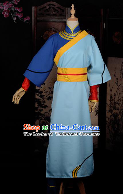 Chinese Ancient Cosplay Tang Dynasty Swordsman Costumes, Chinese Traditional Blue Clothing Chinese Cosplay Knight Costume for Men